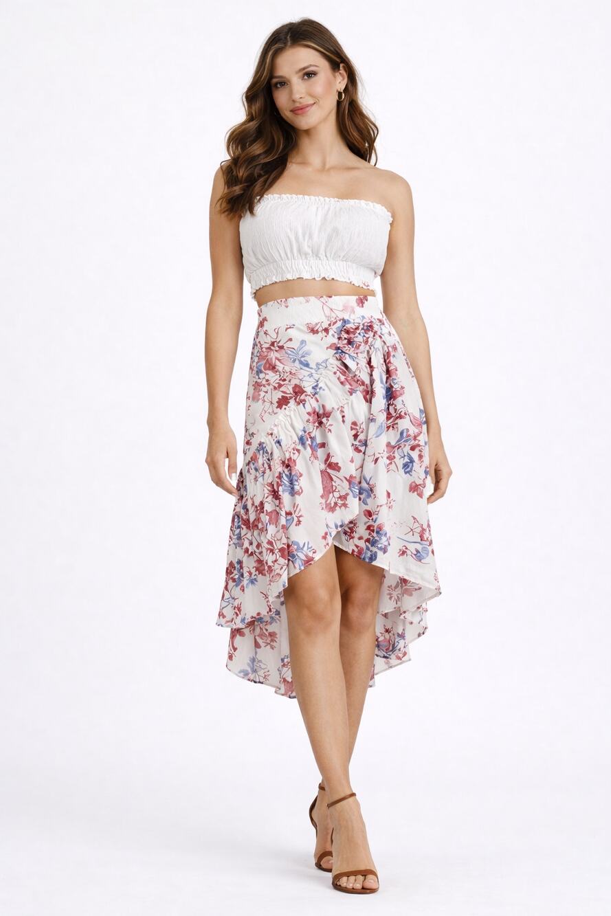 Misa Los Angeles Women Luz White Floral Ruffle Pull On Skirt High Low Size Small